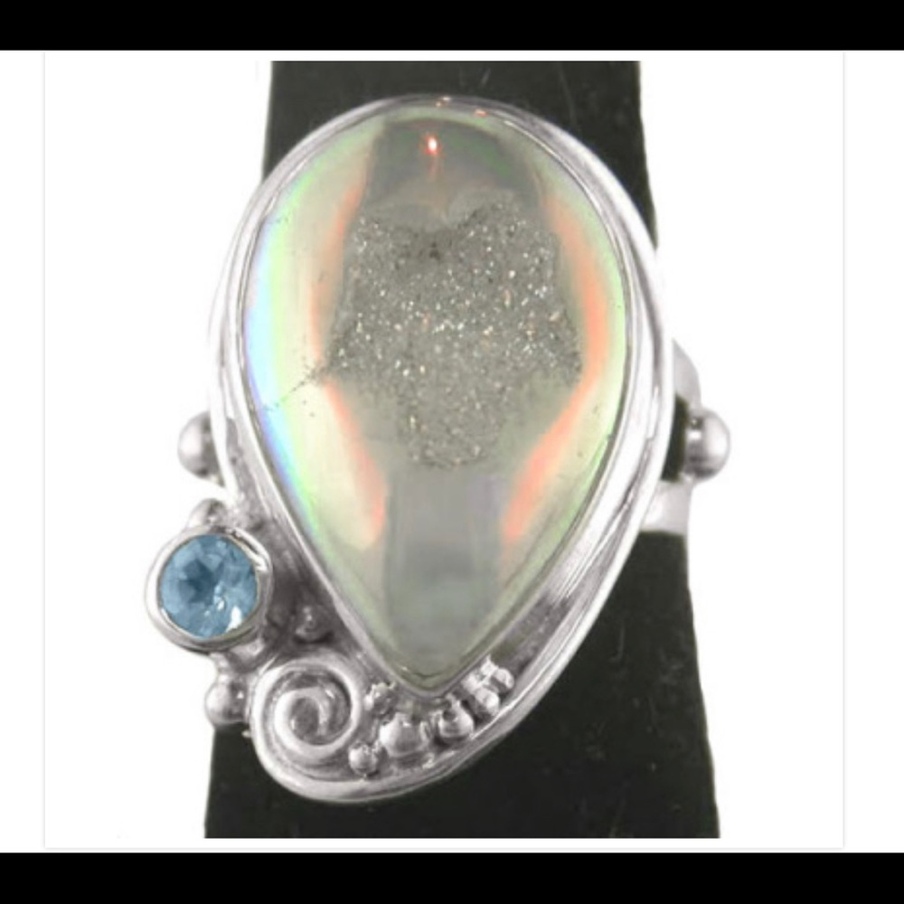 SAJEN-Opalized Window Druzy&Swiss Blue Topaz Ring